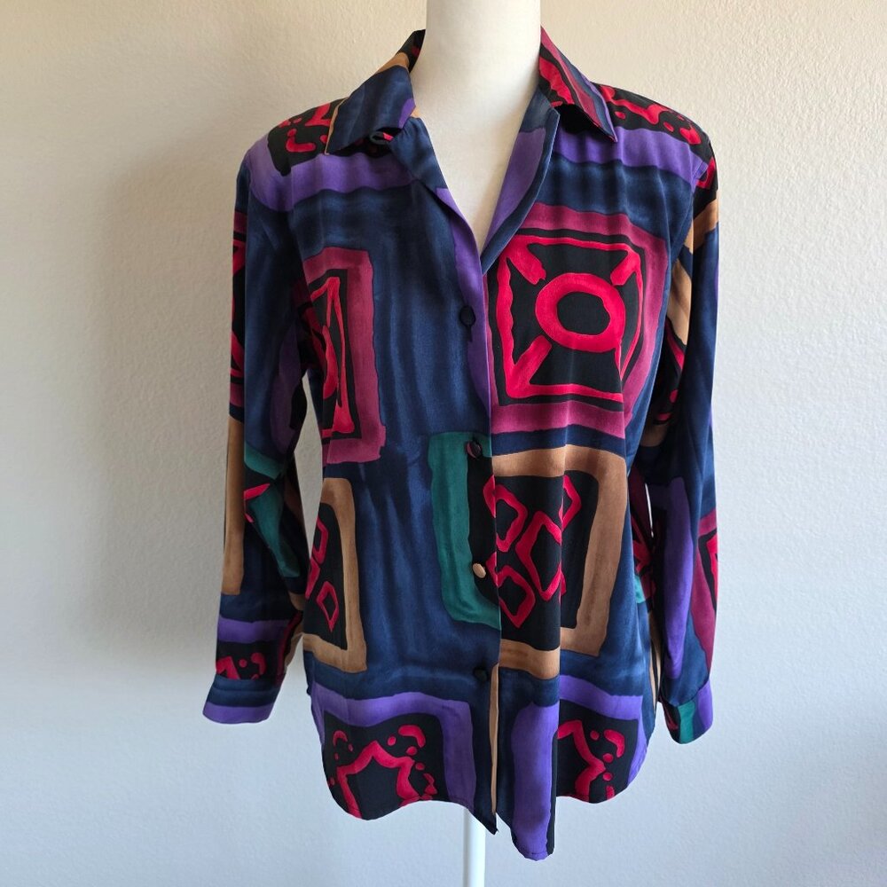 Vintage Le Caviar Blouse Womens Button Abstract Mod Retro Classic Size Petite P